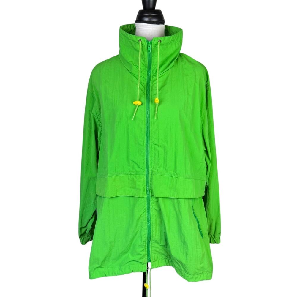 Eddie Bauer Vintage Bright Green Women's Long Length Nylon Zip Up Rain Jacket